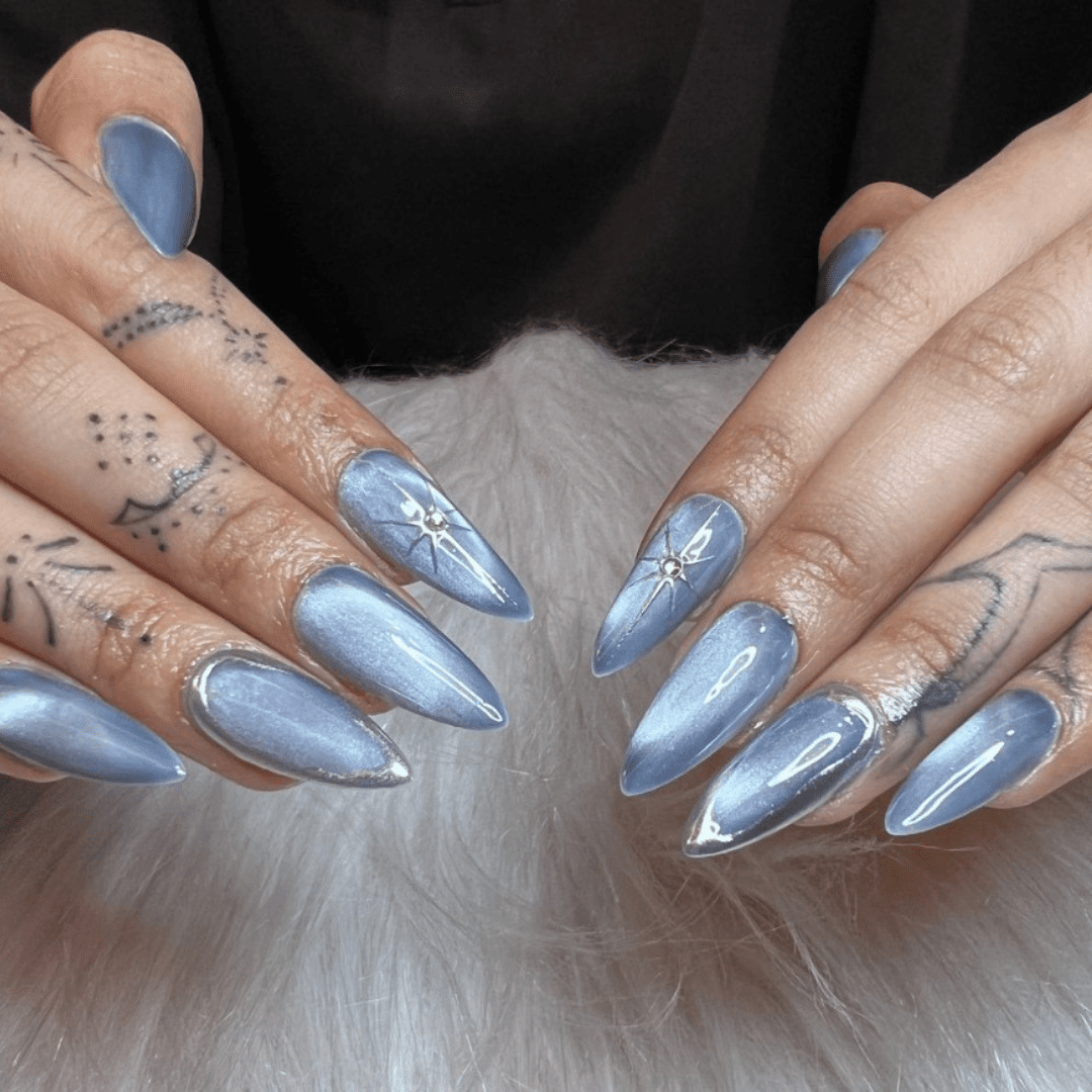 Icy Blue Cat-Eye Stiletto Nails — Winter Acrylic Nails