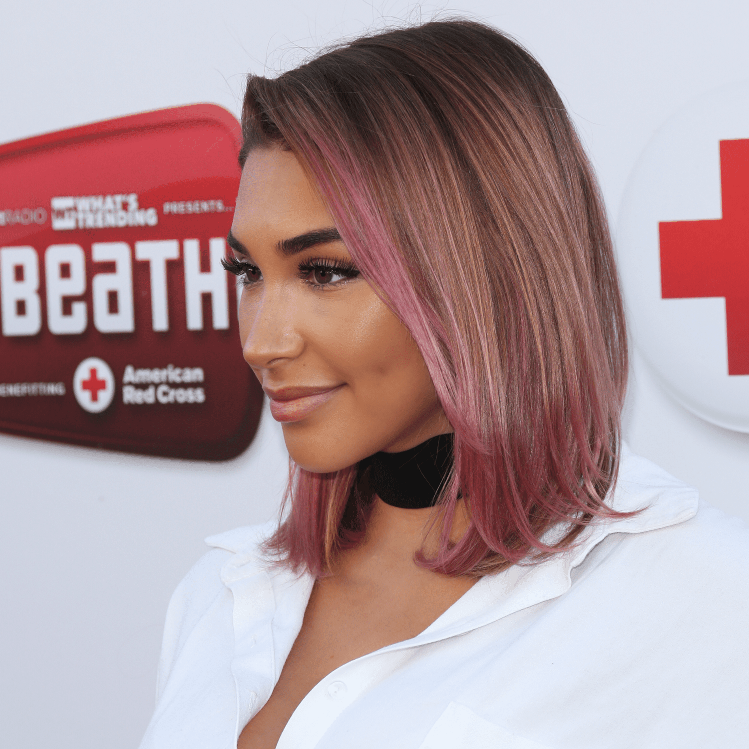 Rose Gold Lob With Side Bangs Rose Gold Lob With Side Bangs — Winter Hair Colors for Olive Skin