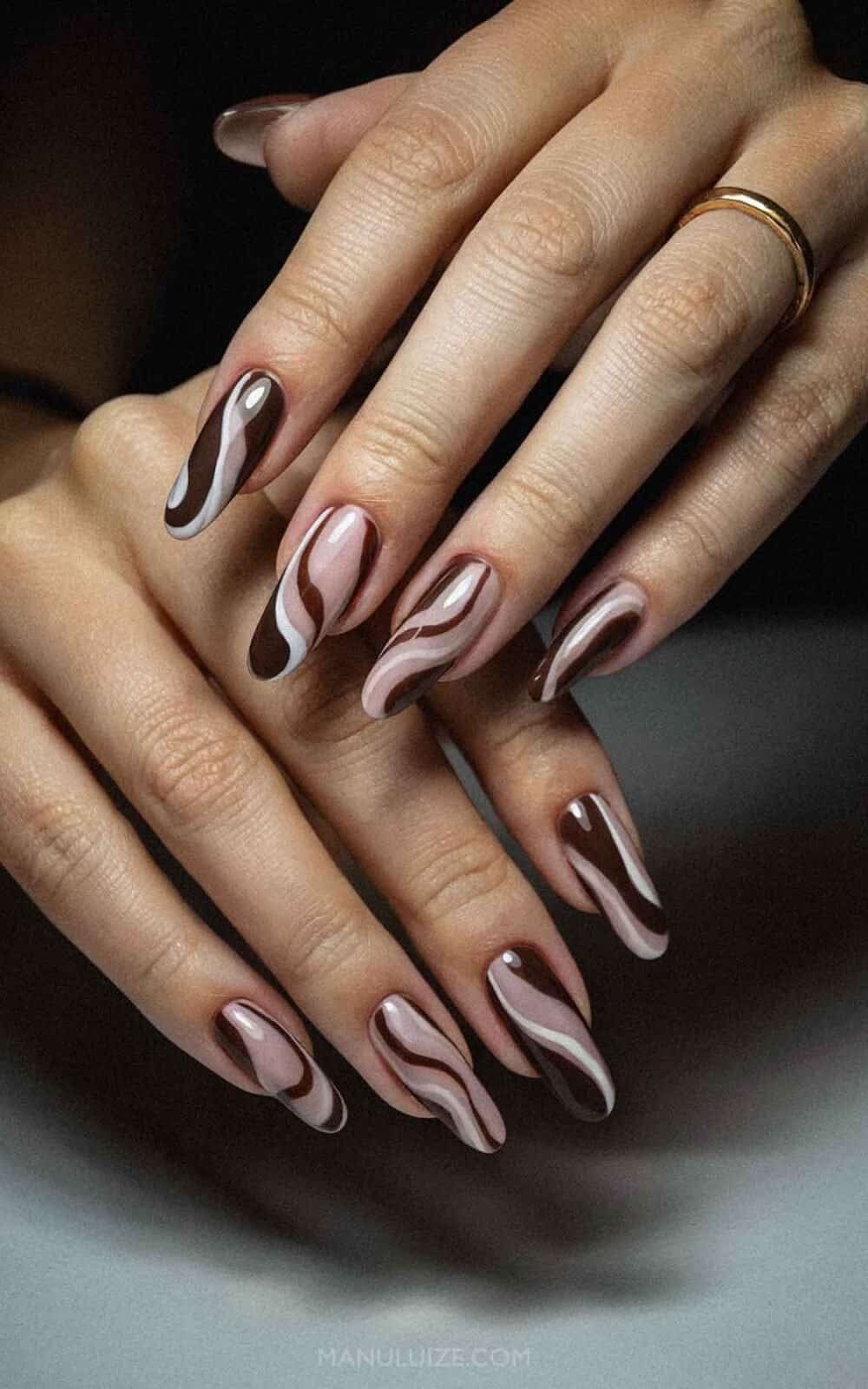 Glossy Brown Beige White Swirls Glossy Brown Beige White Swirls — Fall to Winter Nails