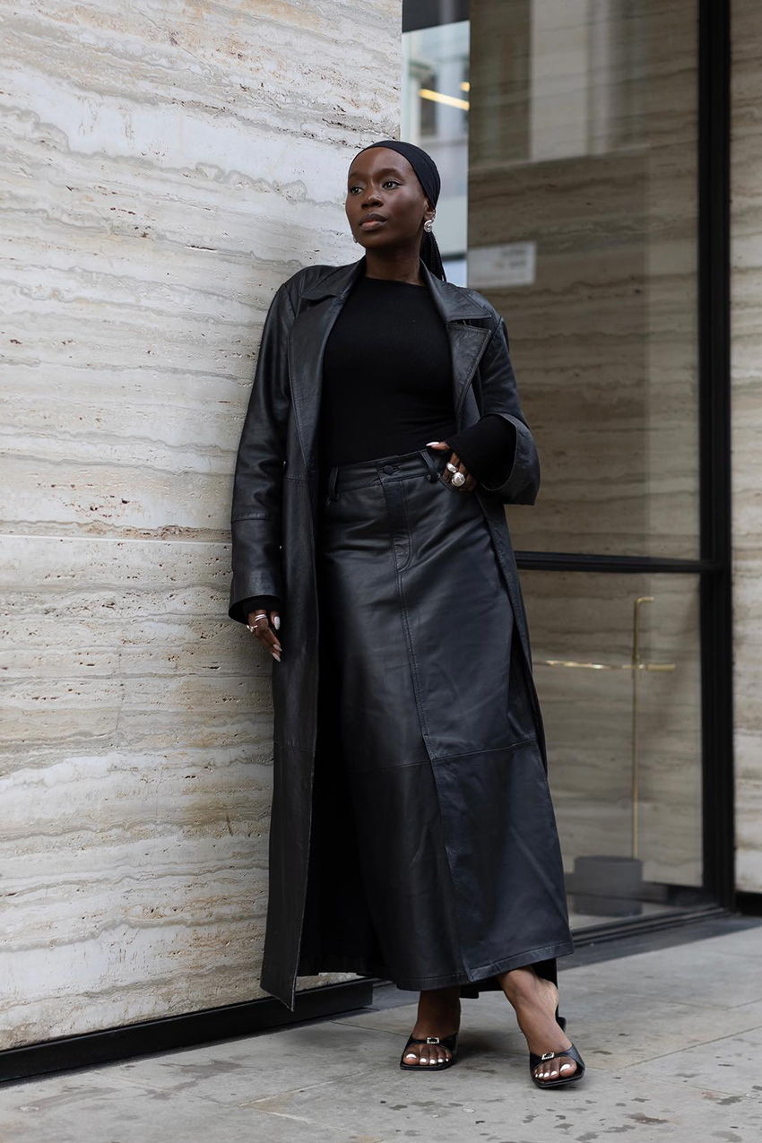 Edgy All-Black Leather Long Coat Ensemble — Long Coat Outfits