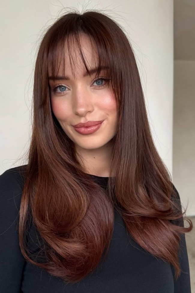 Wispy Fringe With Highlighted Waves — Chestnut Brown Hair