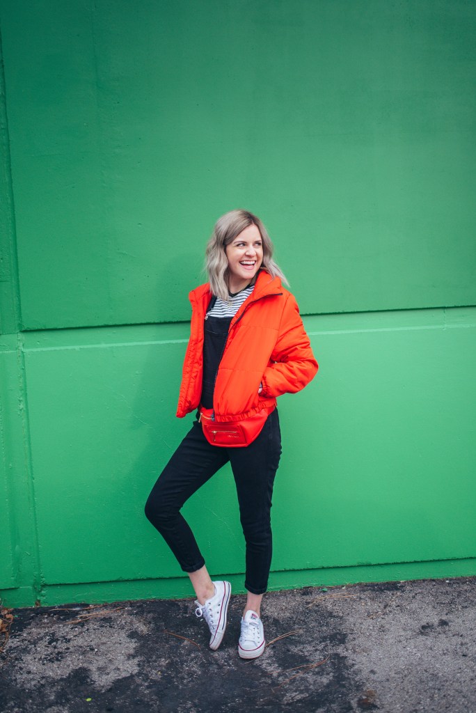 Bright Orange Puffer Jacket with Overalls — Disney Winter Outfits