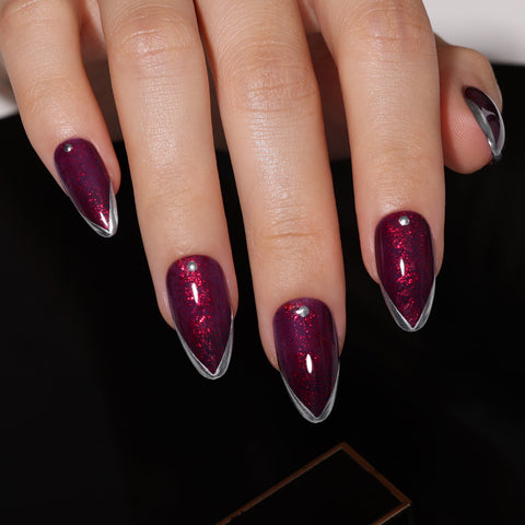 Metallic Silver French Tips On All Nails Burgundy Polka Dot Almond Nails Metallic Silver French Tips On All Nails Burgundy Polka Dot Almond Nails — Burgundy Nails