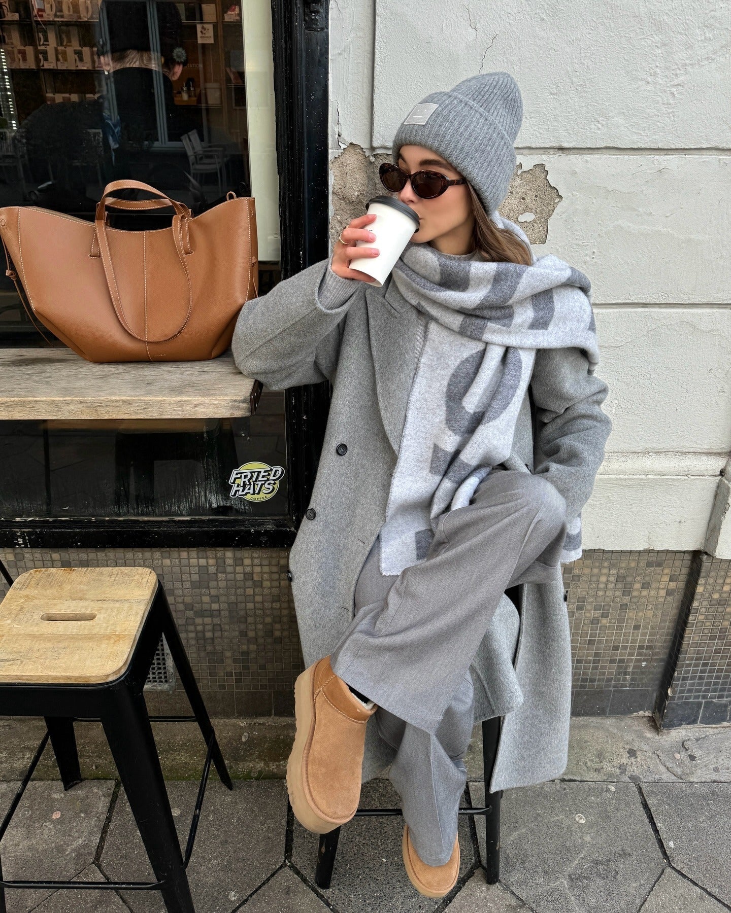 Monochromatic Grey Wool Coat with Logo Scarf — Wool Coat Outfits