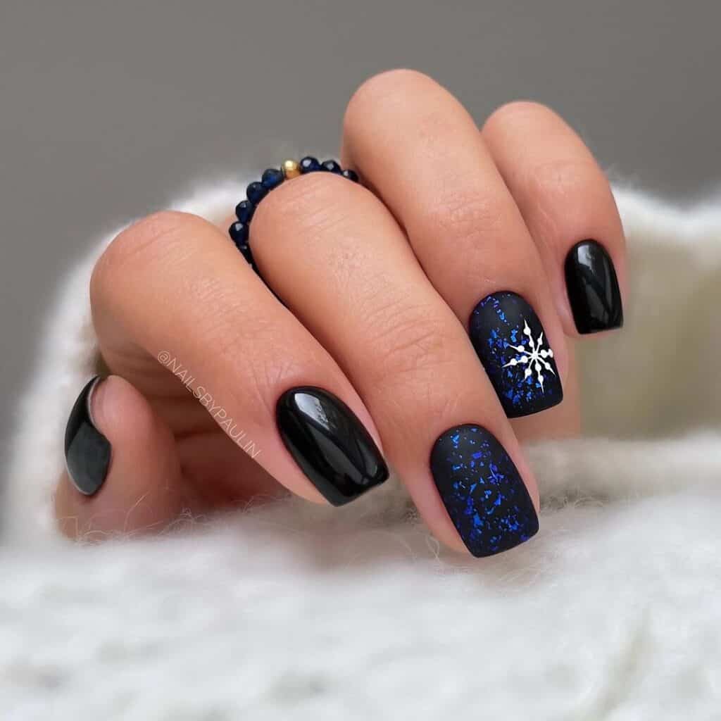 Matte Black Snowflake Square Nails — Winter Black Nails