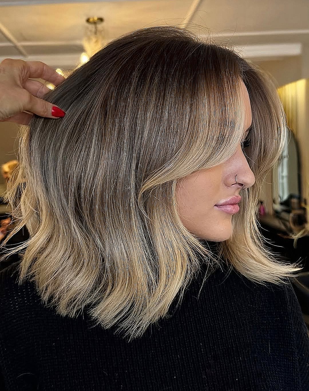 Angled Bob Ash Brown Base With Soft Blonde Balayage Angled Bob Ash Brown Base With Soft Blonde Balayage — Reverse Balayage