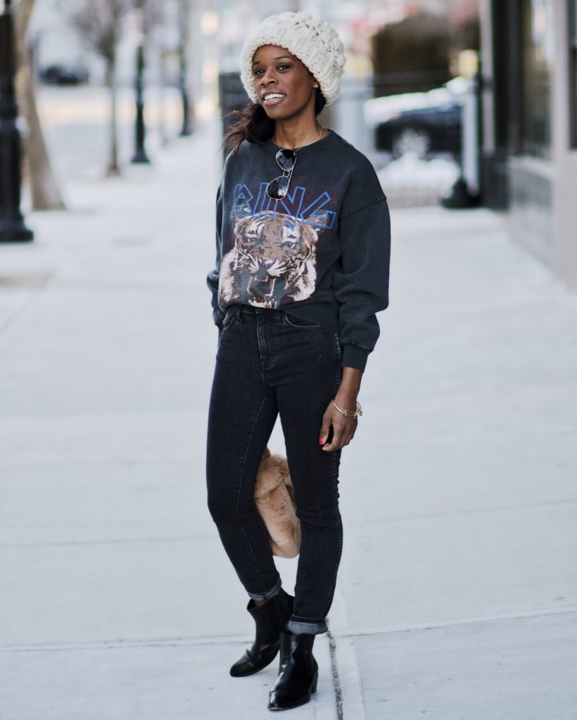 Graphic Tiger Sweatshirt with Slim Jeans and Ankle Boots — Winter Outfits for Black Girls