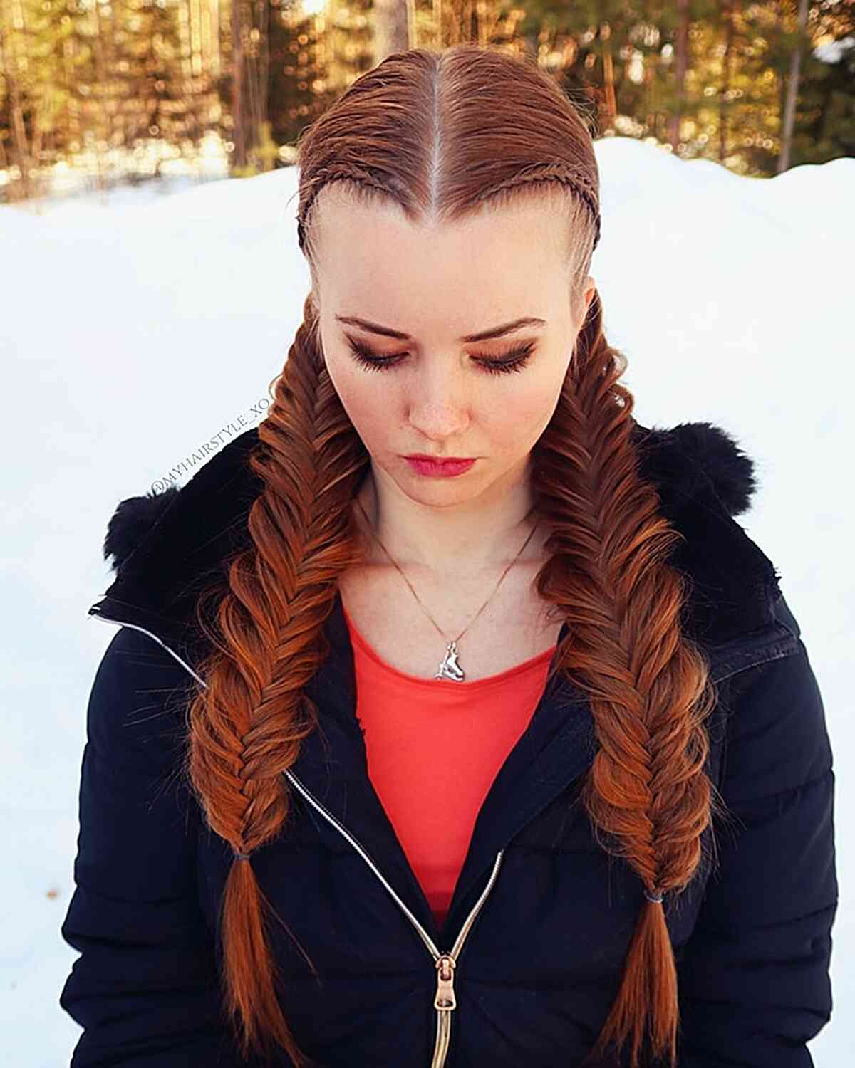 Red Wavy Fishtail Braids in Pigtails Red Wavy Fishtail Braids in Pigtails — Winter Braided Hairstyles