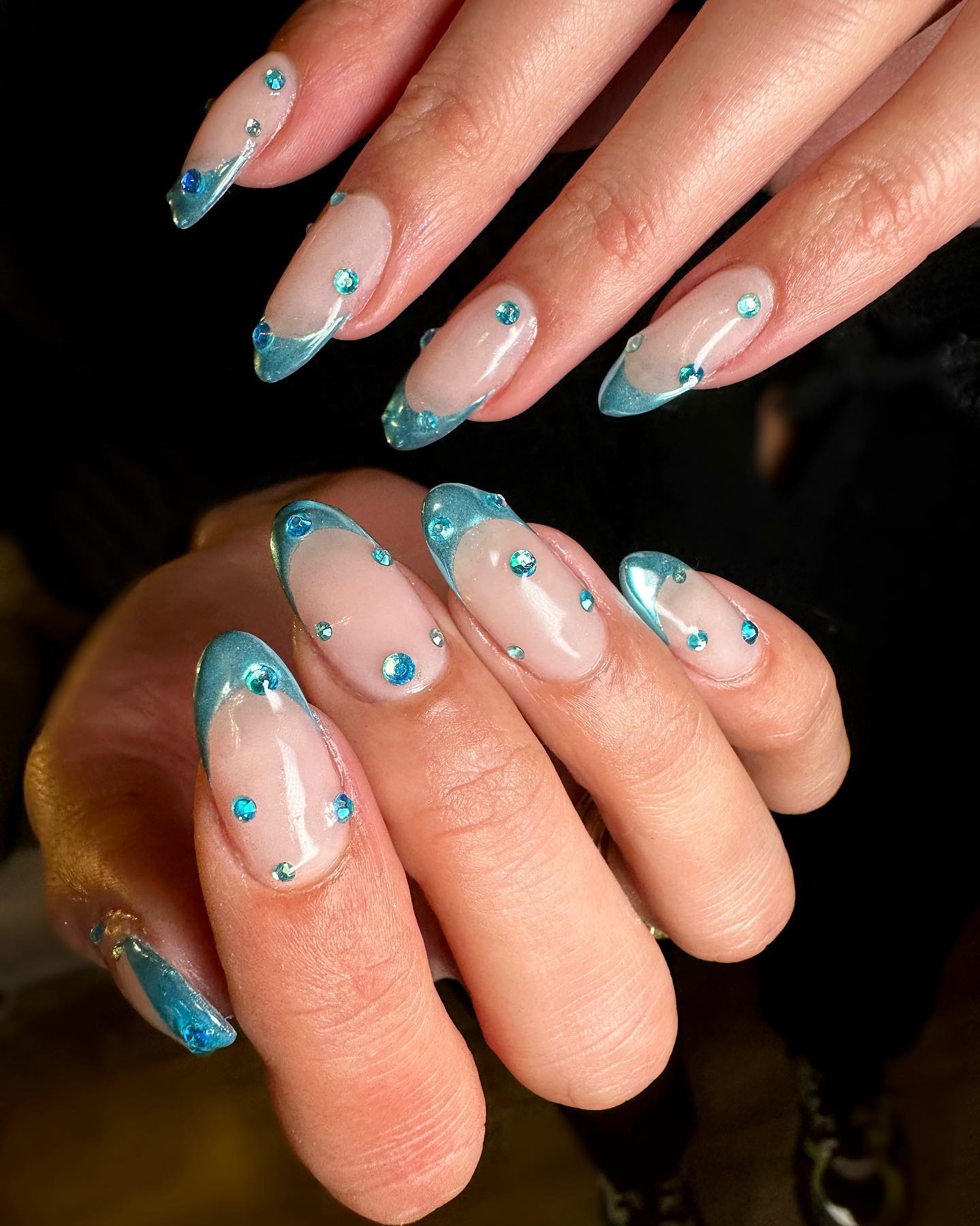 Long Almond Blue French Tips with Rhinestones — Cute Nail Designs