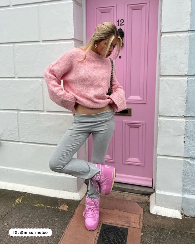 Bright Pink Moon Boots with Oversized Sweater and Leggings — Moon Boots Outfits