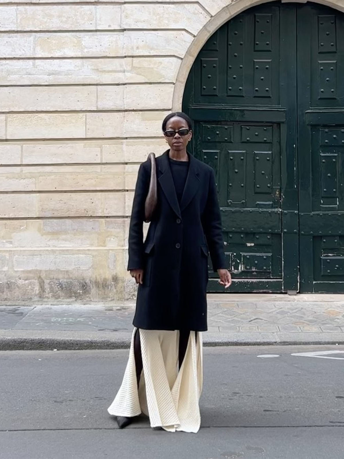 Black Coat with Striped Skirt for Visual Interest Black Coat with Striped Skirt for Visual Interest — Black Coat Outfits