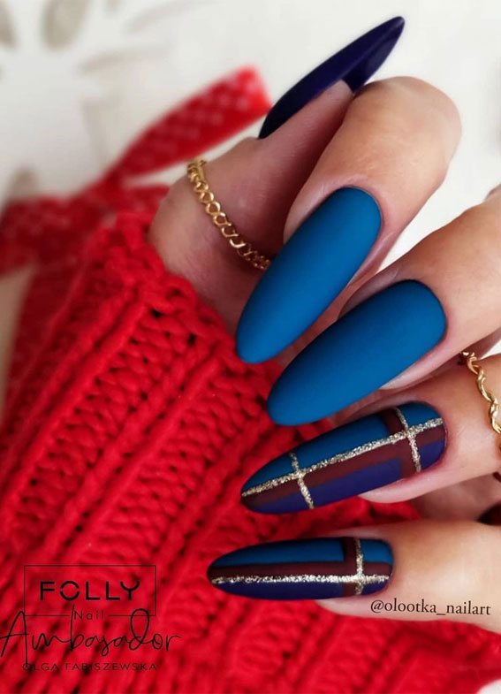 Deep Blue Stiletto with Cozy Tartan Plaid — Winter Matte Nails