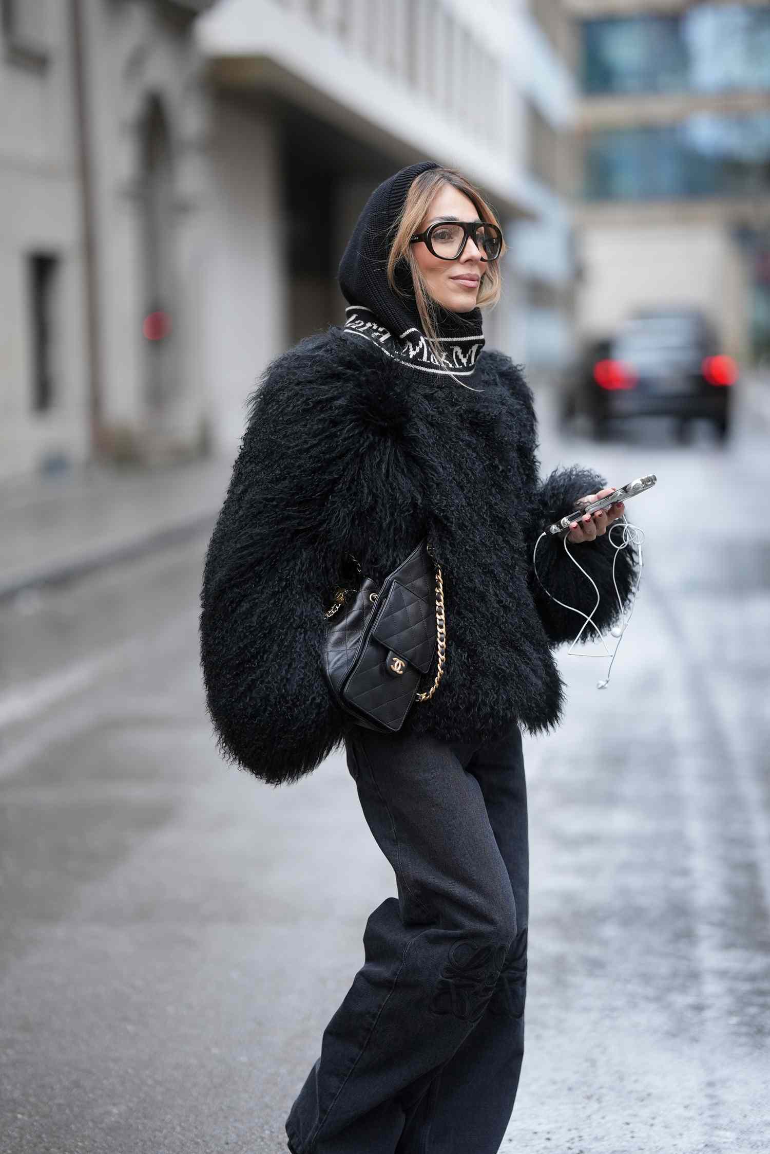 Textured Furry Jacket with Hoodie and Turtleneck — Europe Winter Outfits