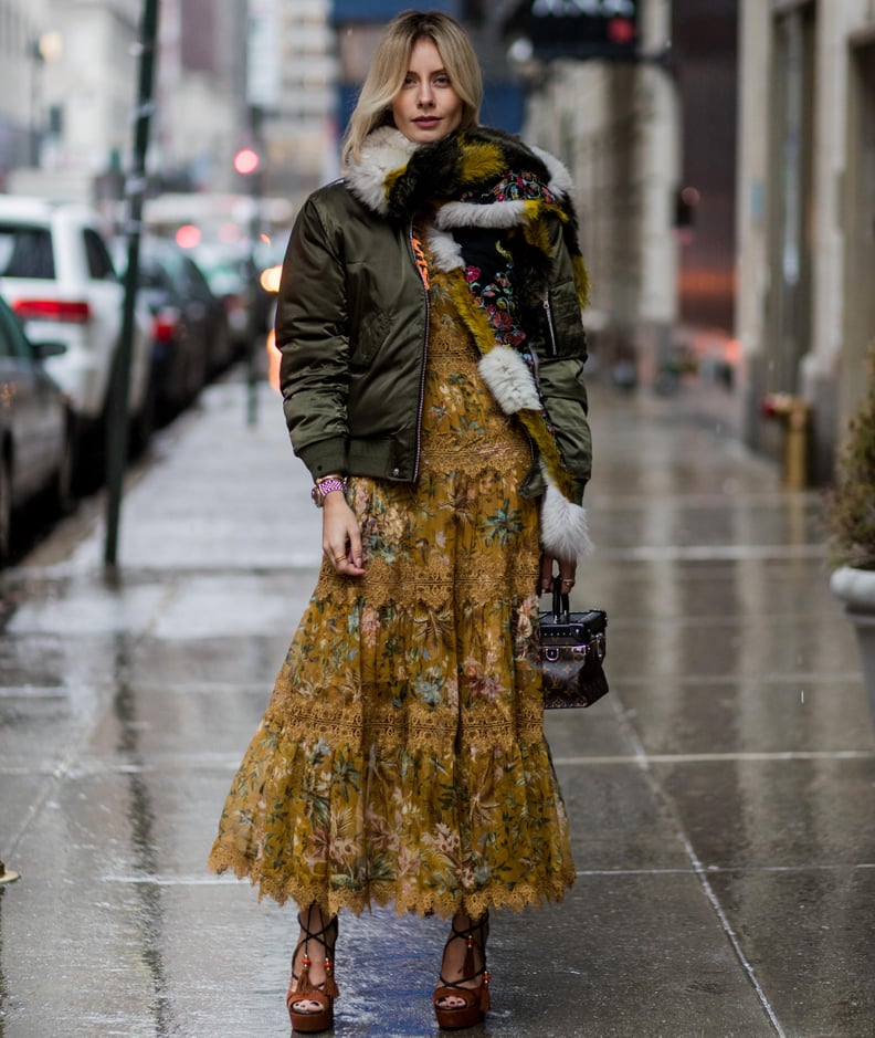 Floral Maxi Dress with Bomber Jacket and Faux Fur Scarf for a Dressy Winter Look — Dressy Winter Outfits