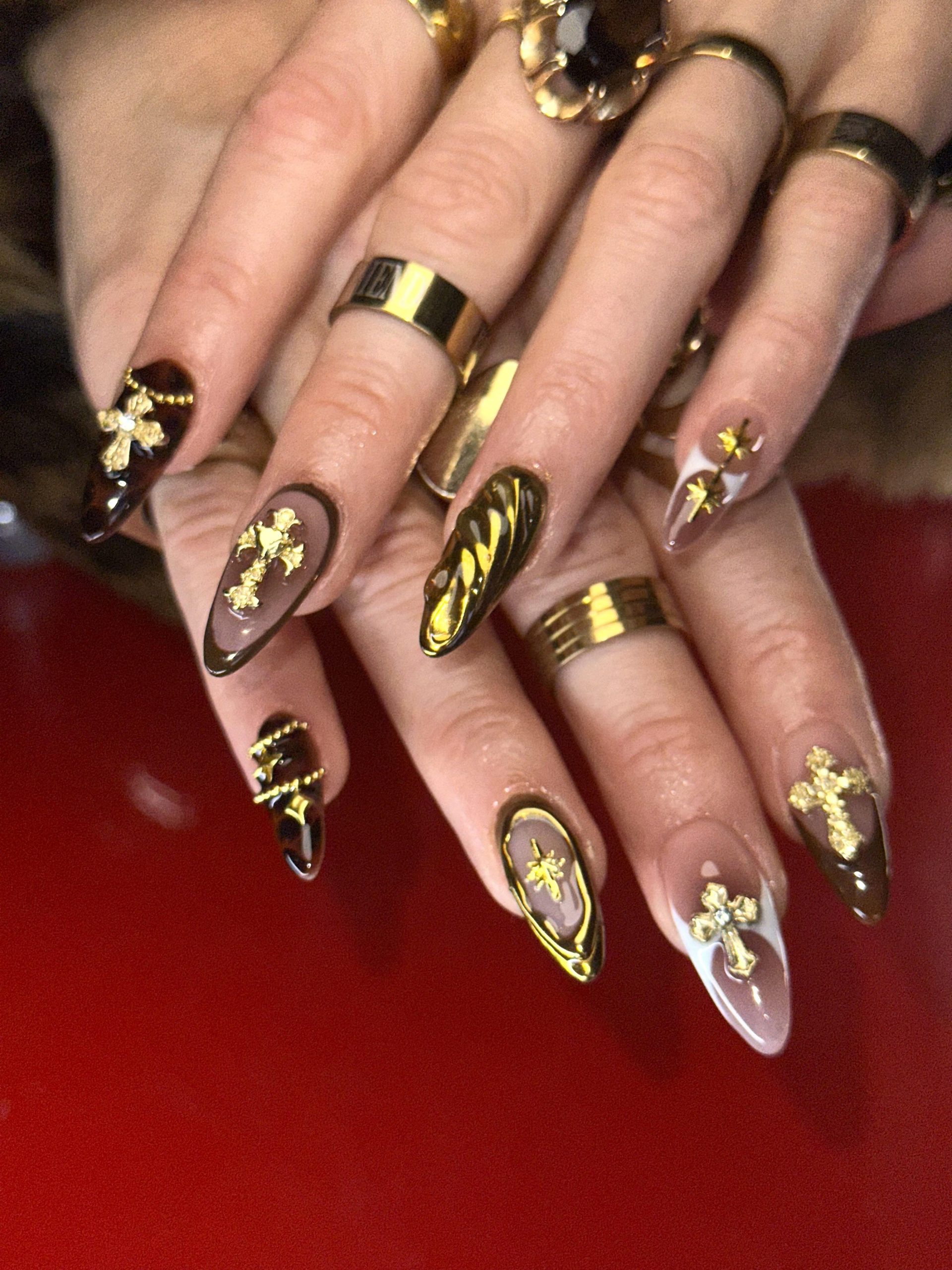 Dark Brown Stiletto Nails with Gold Charms — Brown Nail Designs