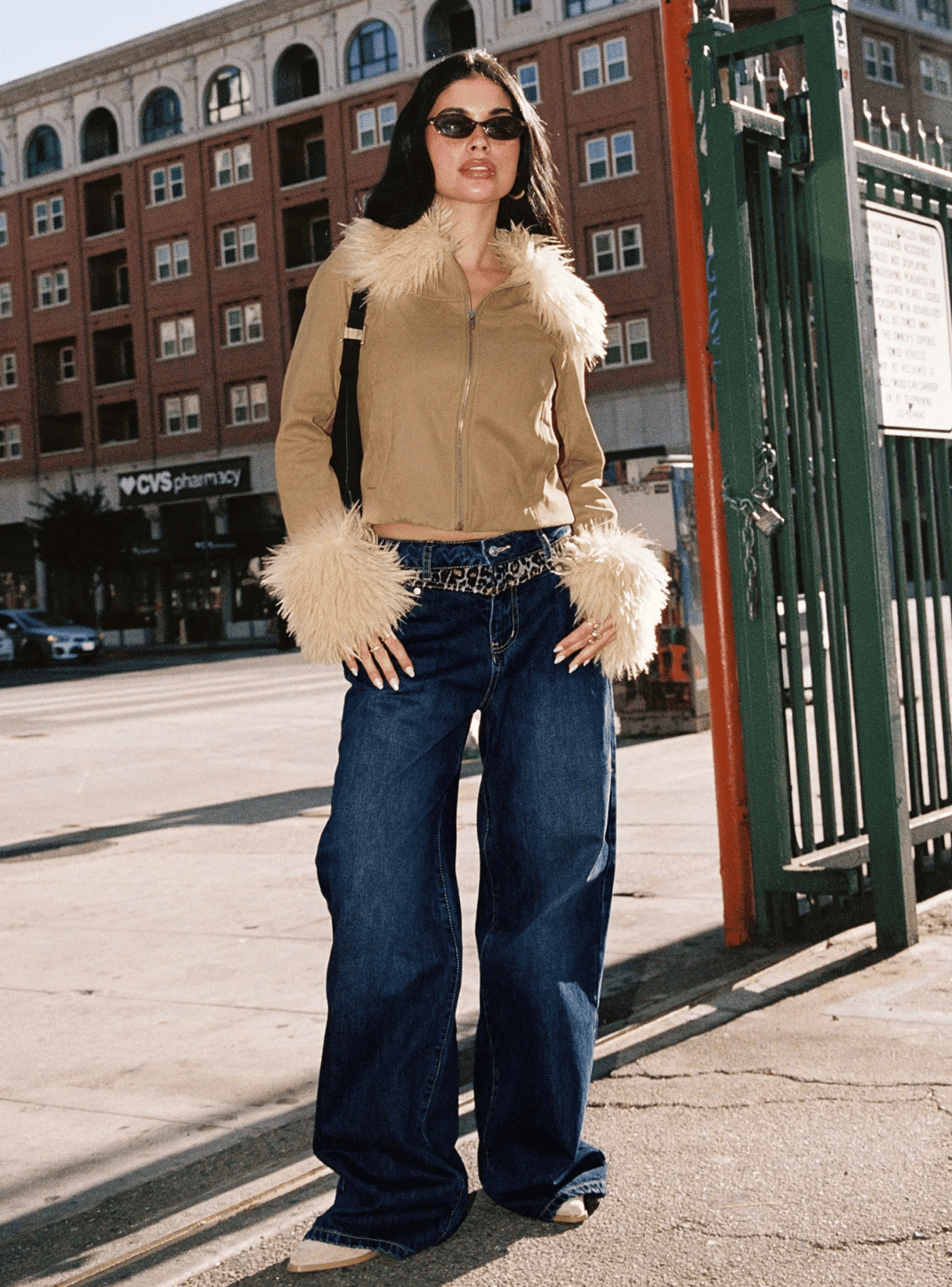 Fuzzy Trim Jacket with Wide-Leg Jeans — Winter College Outfits