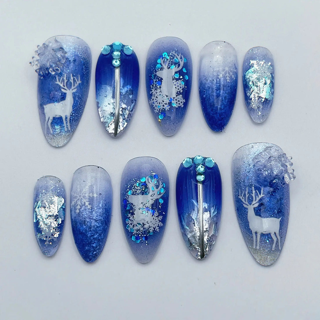 Blue Deer and 3D Snowflake Press-Ons — Winter Wonderland Nails