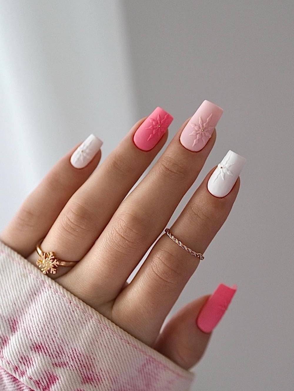 Matte Pink With Embossed Snowflakes Matte Pink With Embossed Snowflakes — Winter Square Nails