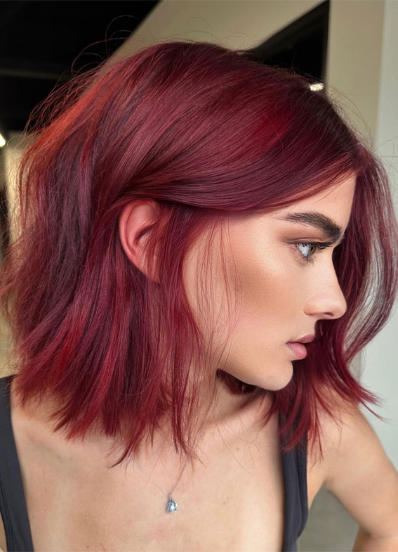 Cherry Red Short Bob with Wispy Bangs Cherry Red Short Bob with Wispy Bangs — Winter Red Hair Colors