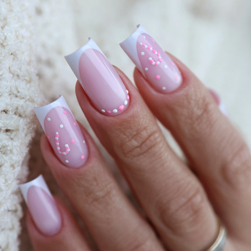 Long Square Pink French Tips with Dots Long Square Pink French Tips with Dots — Winter Pink Nails