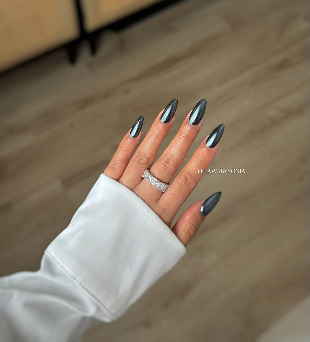 None Dark Grey Chrome Long Stilettos — Winter Chrome Nails