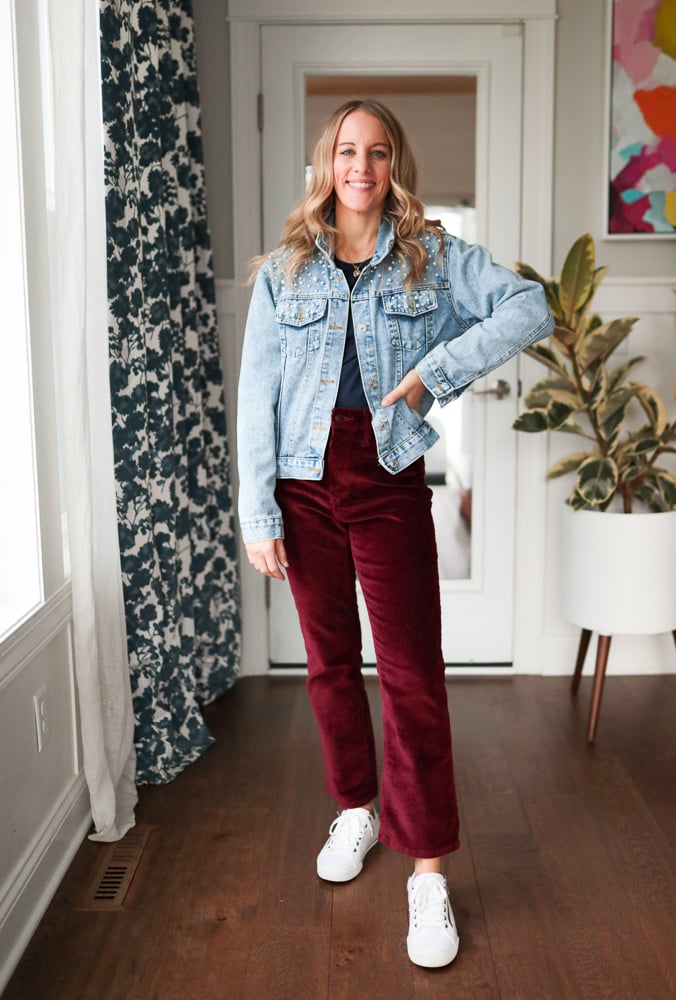 Casual Daytime Look: Burgundy Velvet Pants with Denim Jacket — Burgundy Outfits