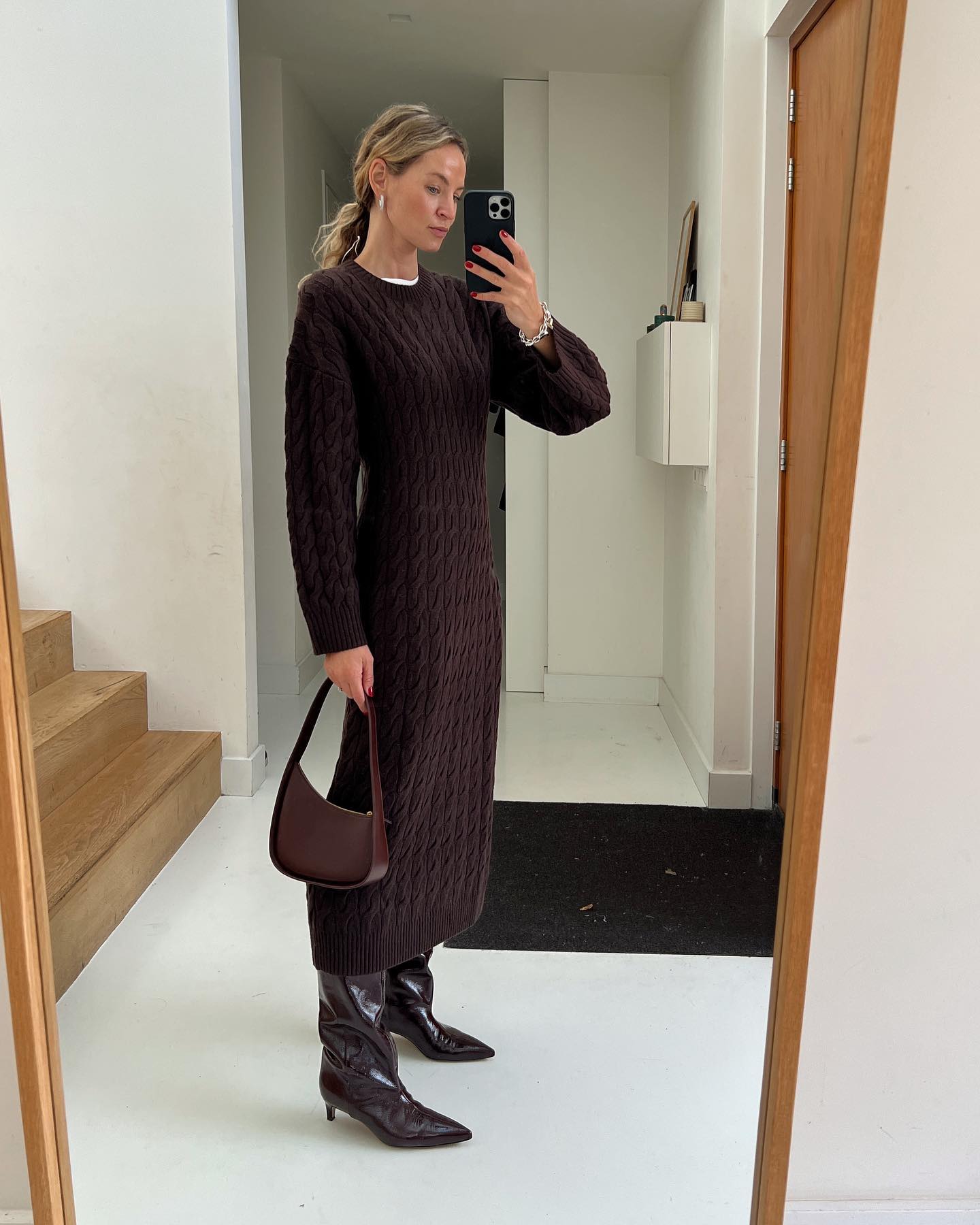 Dark Brown Cable Knit Midi Dress for Elegant Simplicity — Classy Winter Outfits