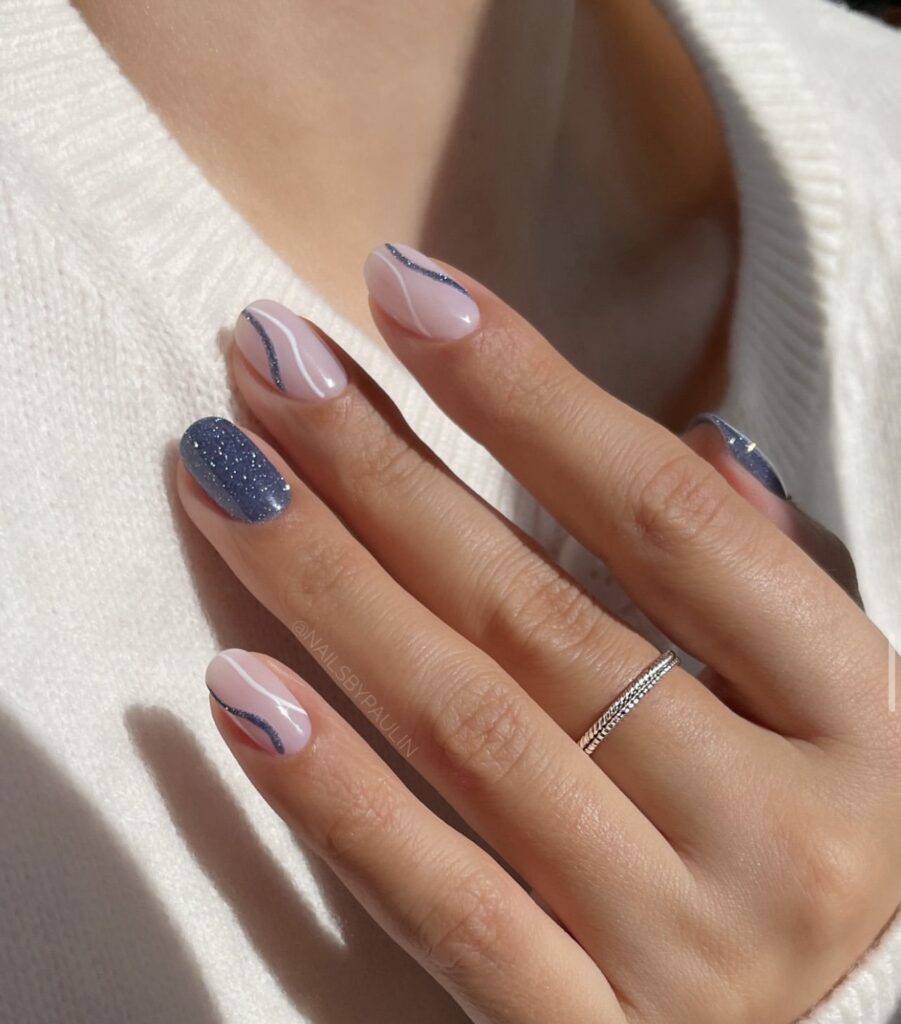 Nude With White Lines And Blue Glitter Accents — Short Winter Gel Nails