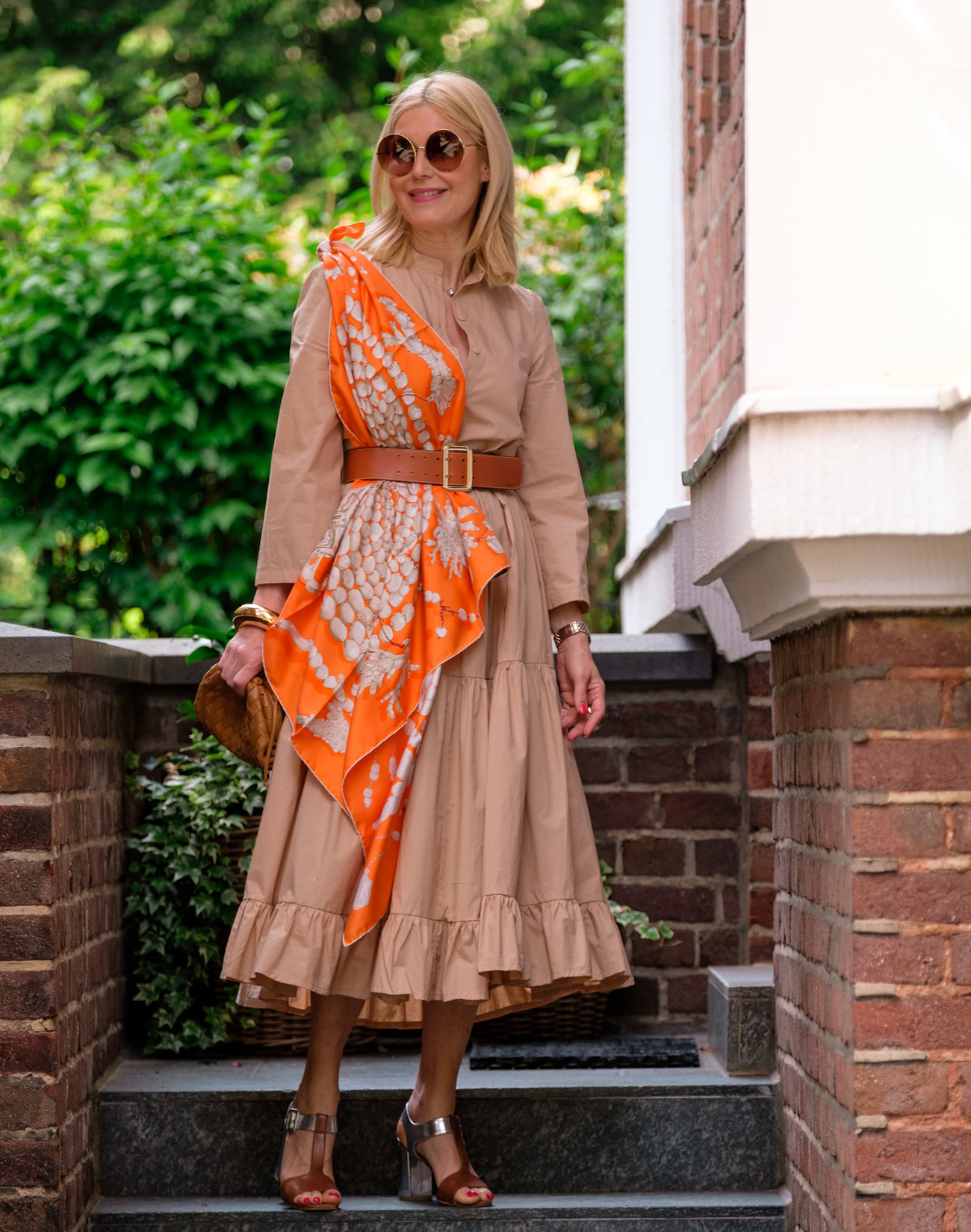 Large Silk Scarf Draped as a Sash Over Tiered Midi Dress — Scarf Outfits