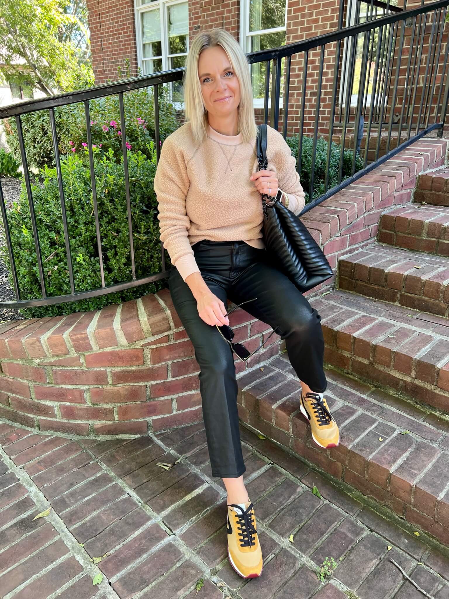 Playful Pink Sweatshirt and Black Leather Pants Playful Pink Sweatshirt and Black Leather Pants — Leather Pants Outfits