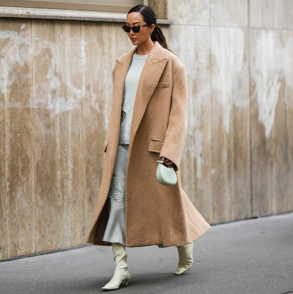 Oversized Camel Coat with Light Blue Knit and Satin Skirt Oversized Camel Coat with Light Blue Knit and Satin Skirt — Camel Coat Outfits