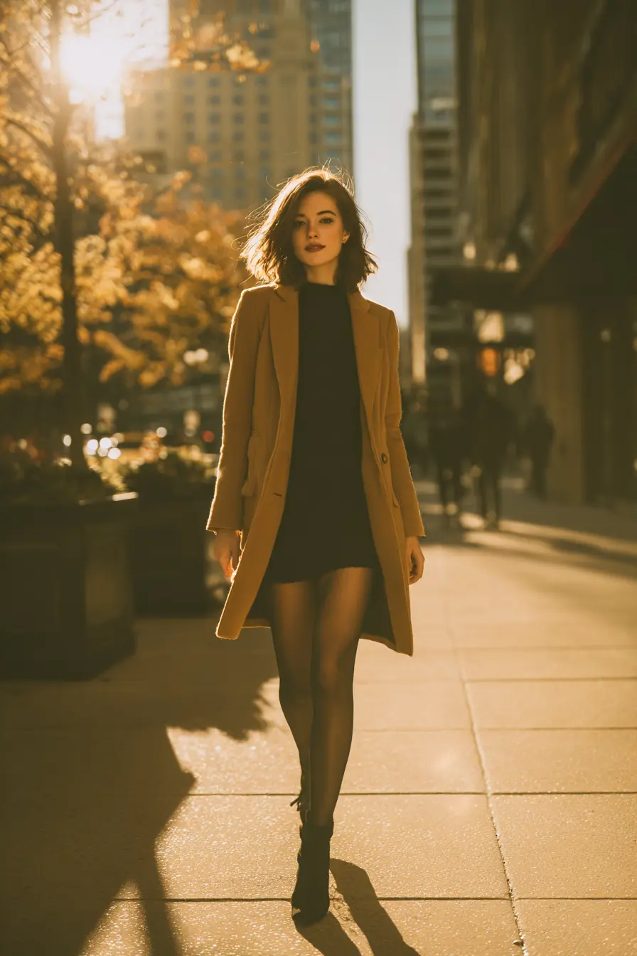 Classic Winter Workwear: Camel Coat Over Black Dress Classic Winter Workwear: Camel Coat Over Black Dress — Winter Work Outfits