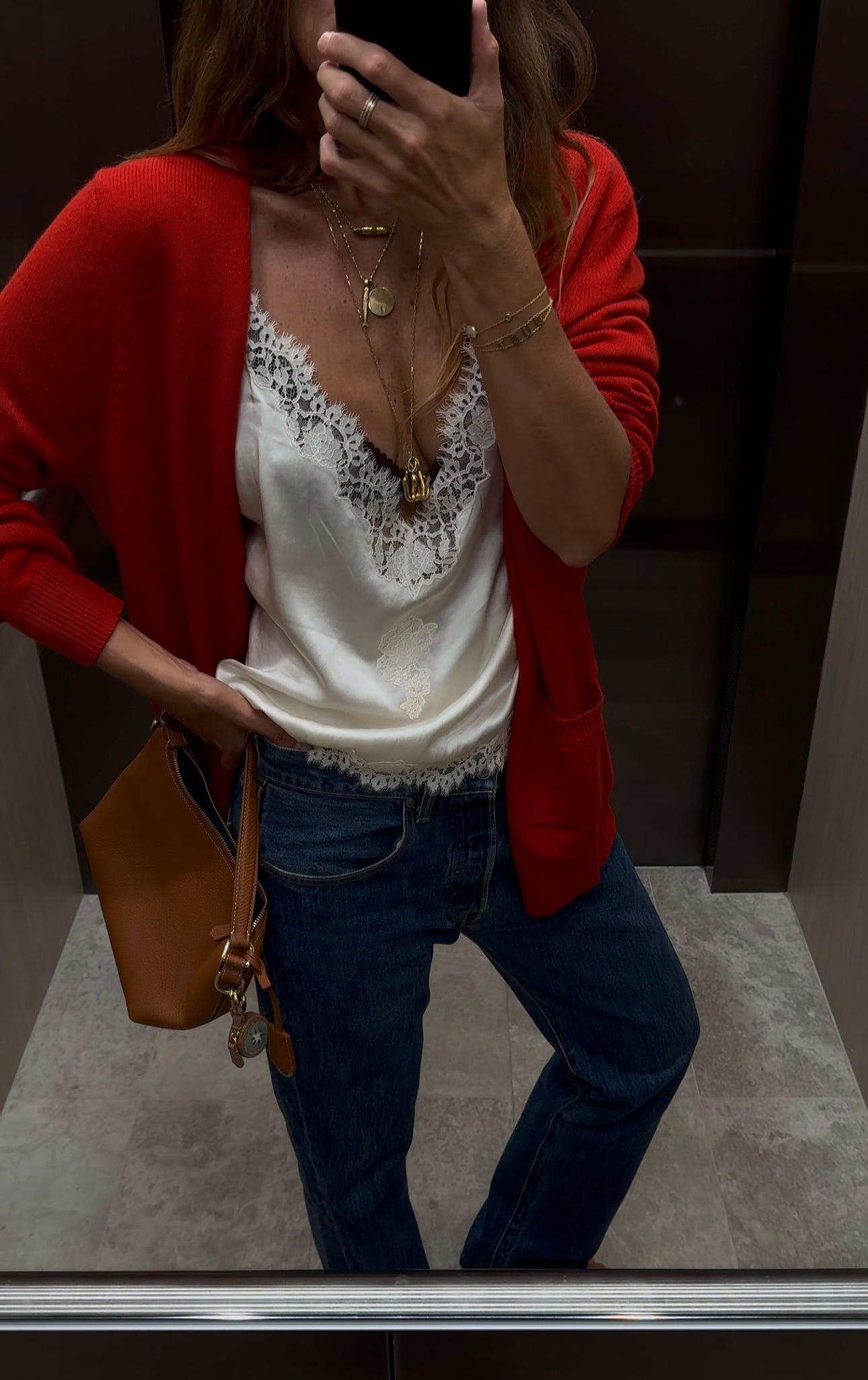 Cozy Meets Delicate: Red Cardigan with Lace Camisole Cozy Meets Delicate: Red Cardigan with Lace Camisole — Cardigan Outfits