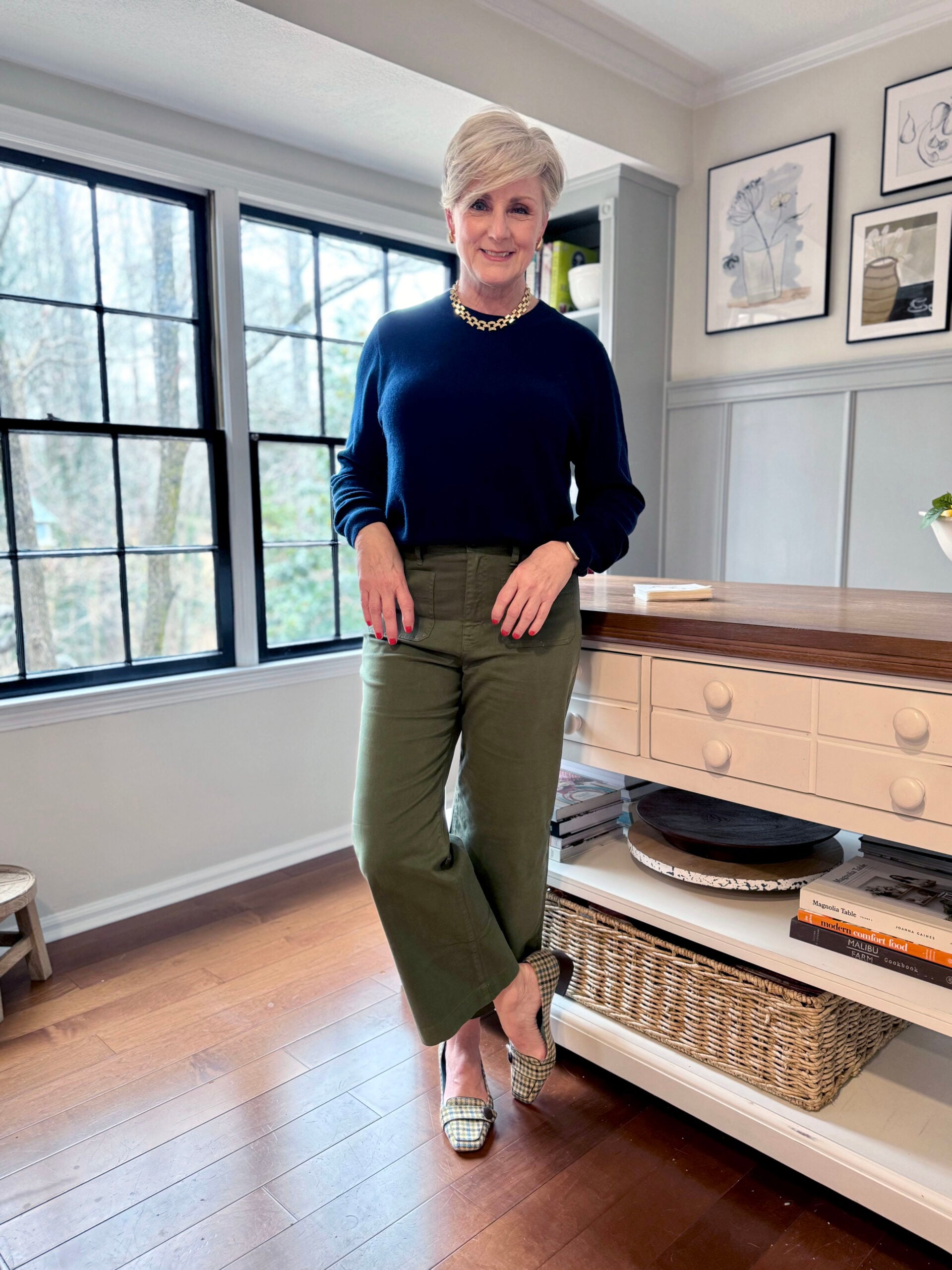 Navy Sweater and Olive Utility Pants with Patterned Heels Navy Sweater and Olive Utility Pants with Patterned Heels — Late Winter Outfits
