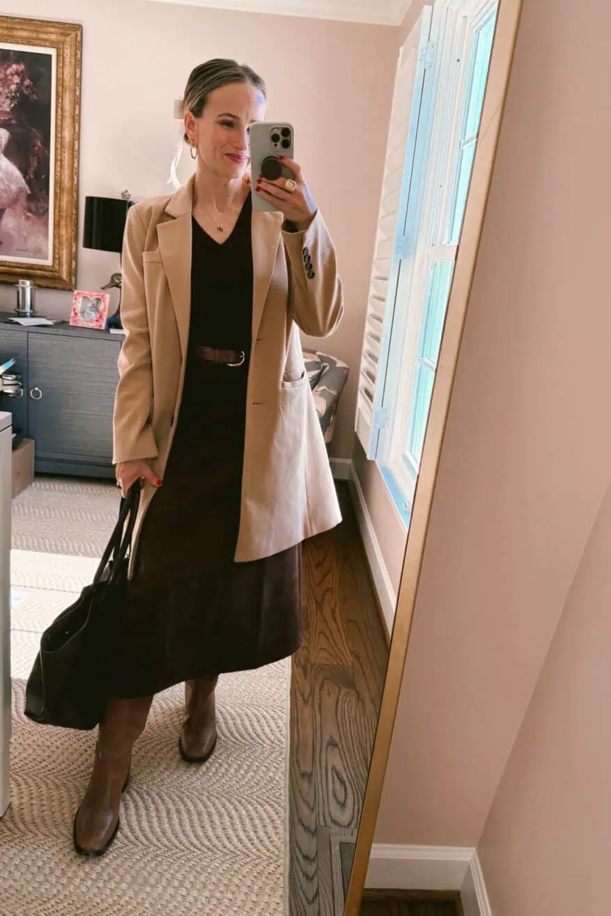 Brown Midi Skirt and Beige Blazer for a Polished Work Outfit Brown Midi Skirt and Beige Blazer for a Polished Work Outfit — December Outfits