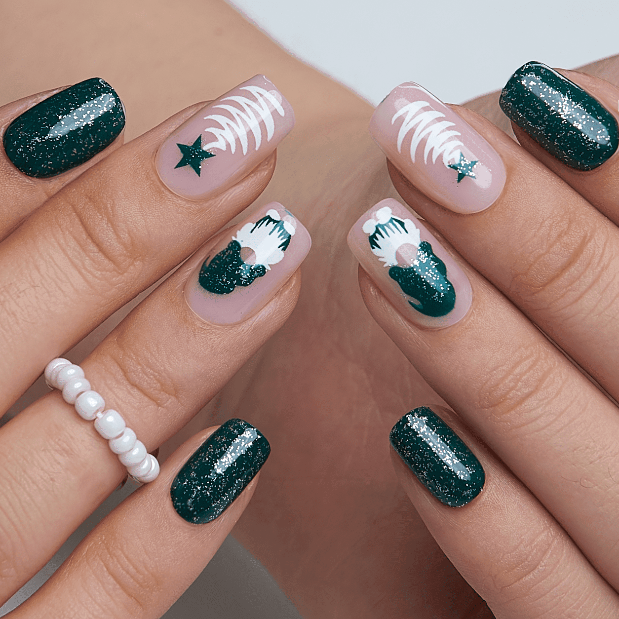 Festive Green Glitter Christmas Trees — Winter Squoval Nails