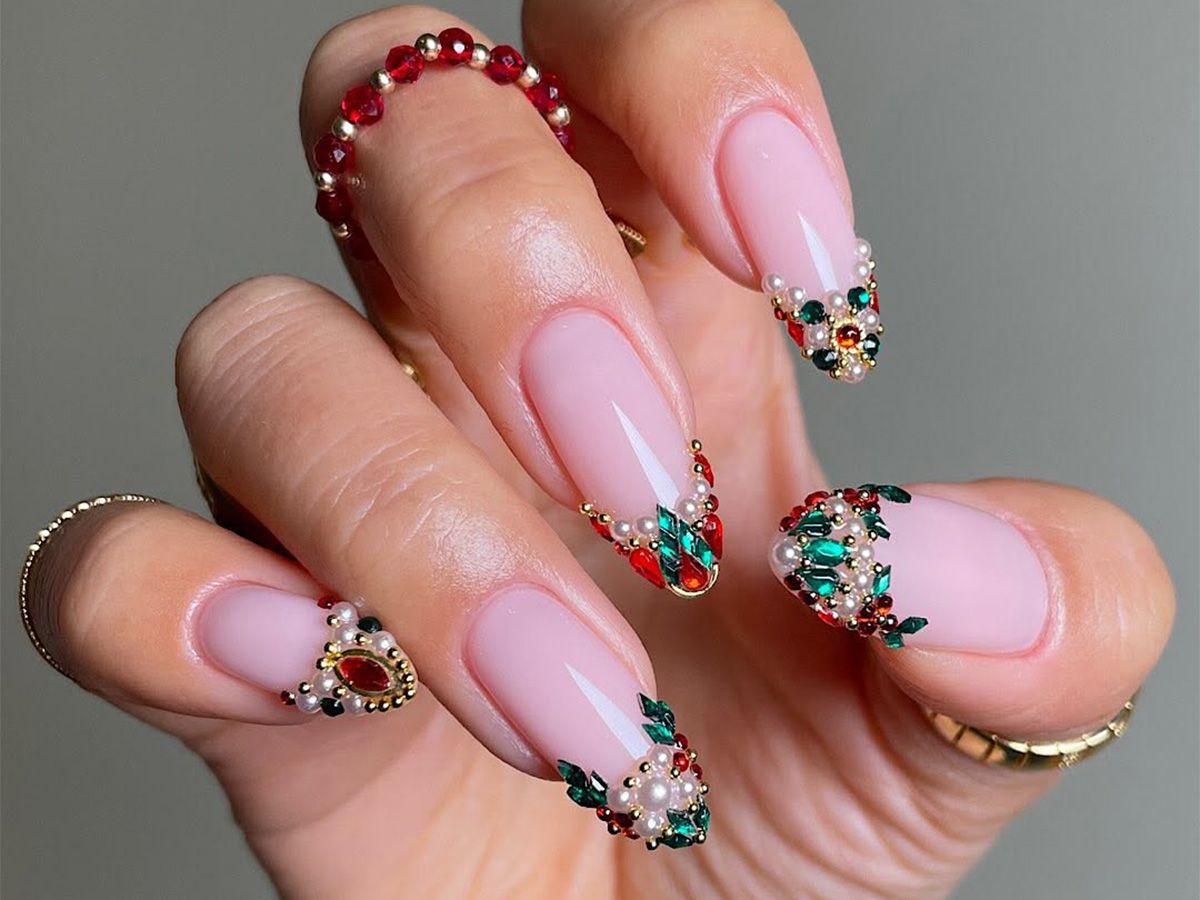 Long Stiletto Rhinestone Embellished Festive Nails Long Stiletto Rhinestone Embellished Festive Nails — Winter Nail Colors for Women Over 50