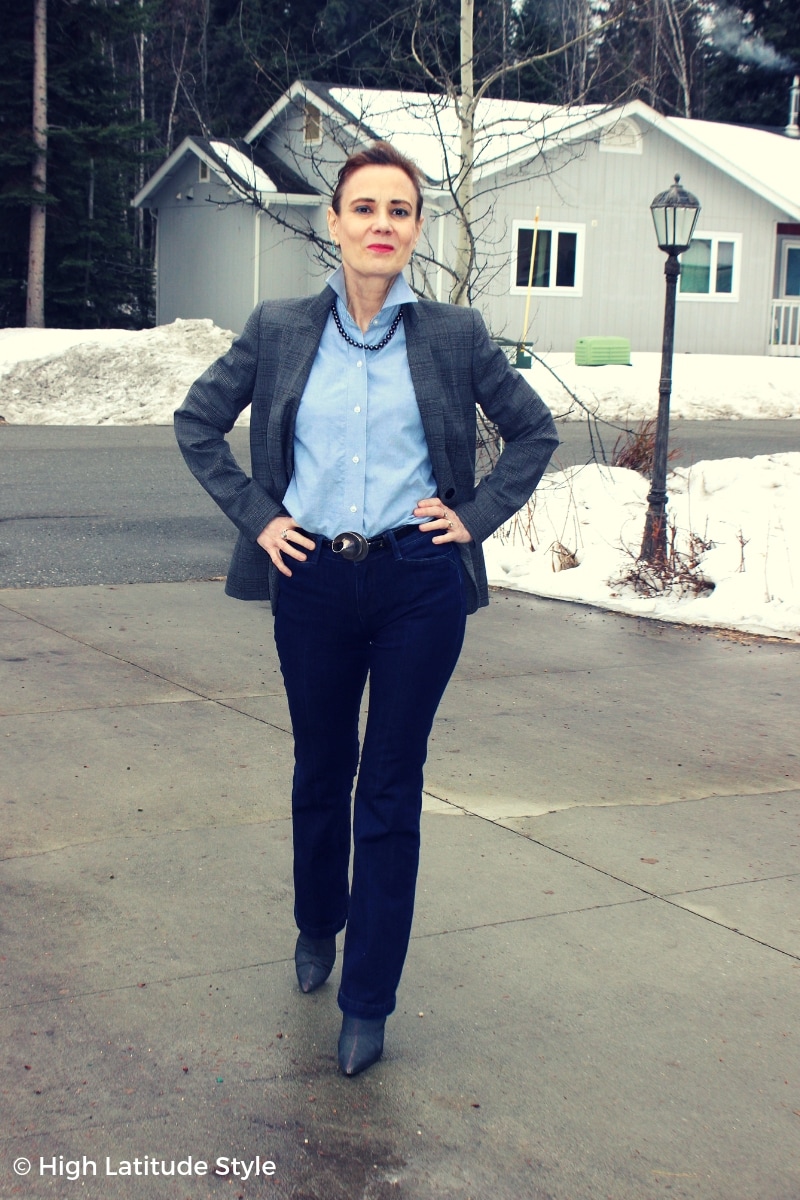 Grey Wool-Blend Blazer Over Denim and Button-Down Grey Wool-Blend Blazer Over Denim and Button-Down — Casual Winter Outfits for Women Over 50