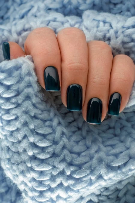 Glossy Deep Teal Short Square Nails — Winter Nails
