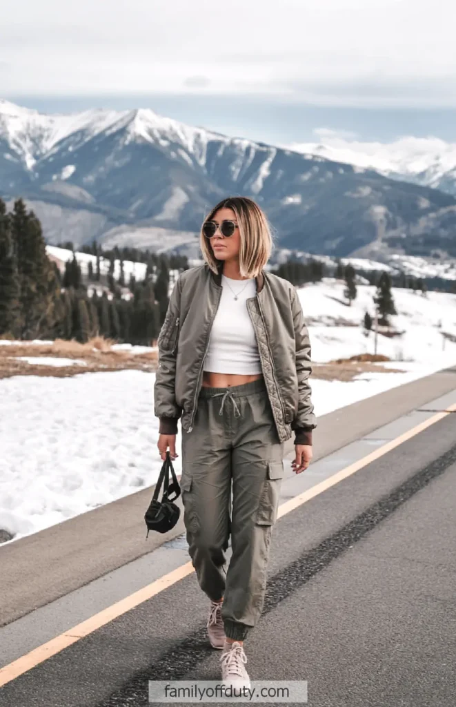 Satin Bomber Jacket with Cargo Pants for an Unexpected Twist — Cabin Trip Outfits