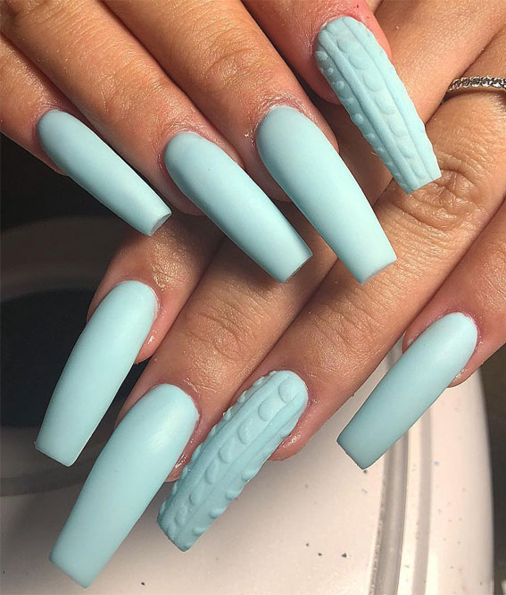 Long Matte Baby Blue Cable Knit Coffin Nails Long Matte Baby Blue Cable Knit Coffin Nails — Winter Coffin Nails