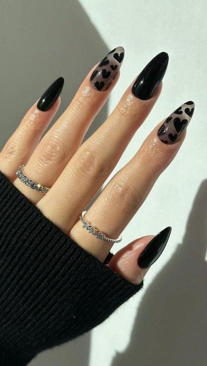 Sheer Black Hearts on Long Stilettos Sheer Black Hearts on Long Stilettos — Black Nail Ideas