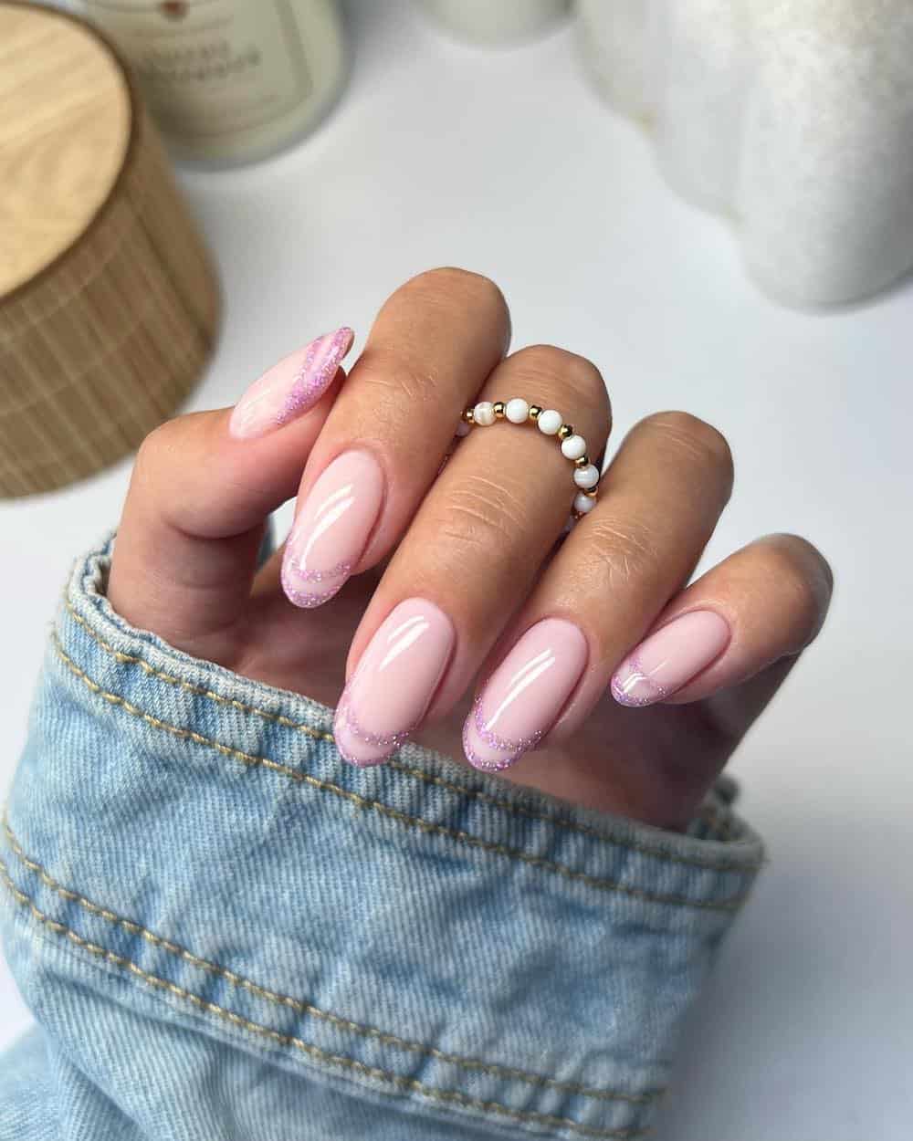 Soft Pink Glitter French Oval Nails Soft Pink Glitter French Oval Nails — Winter Round Nails