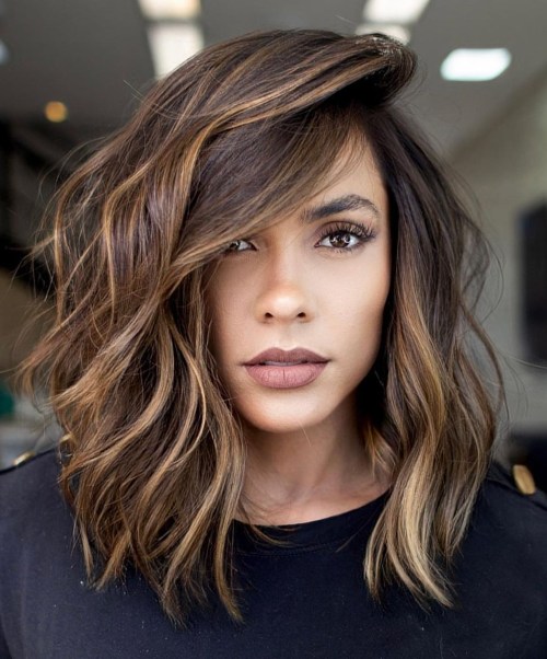 Lob With Side-Swept Bangs Caramel Balayage Lob With Side-Swept Bangs Caramel Balayage — Winter Balayage