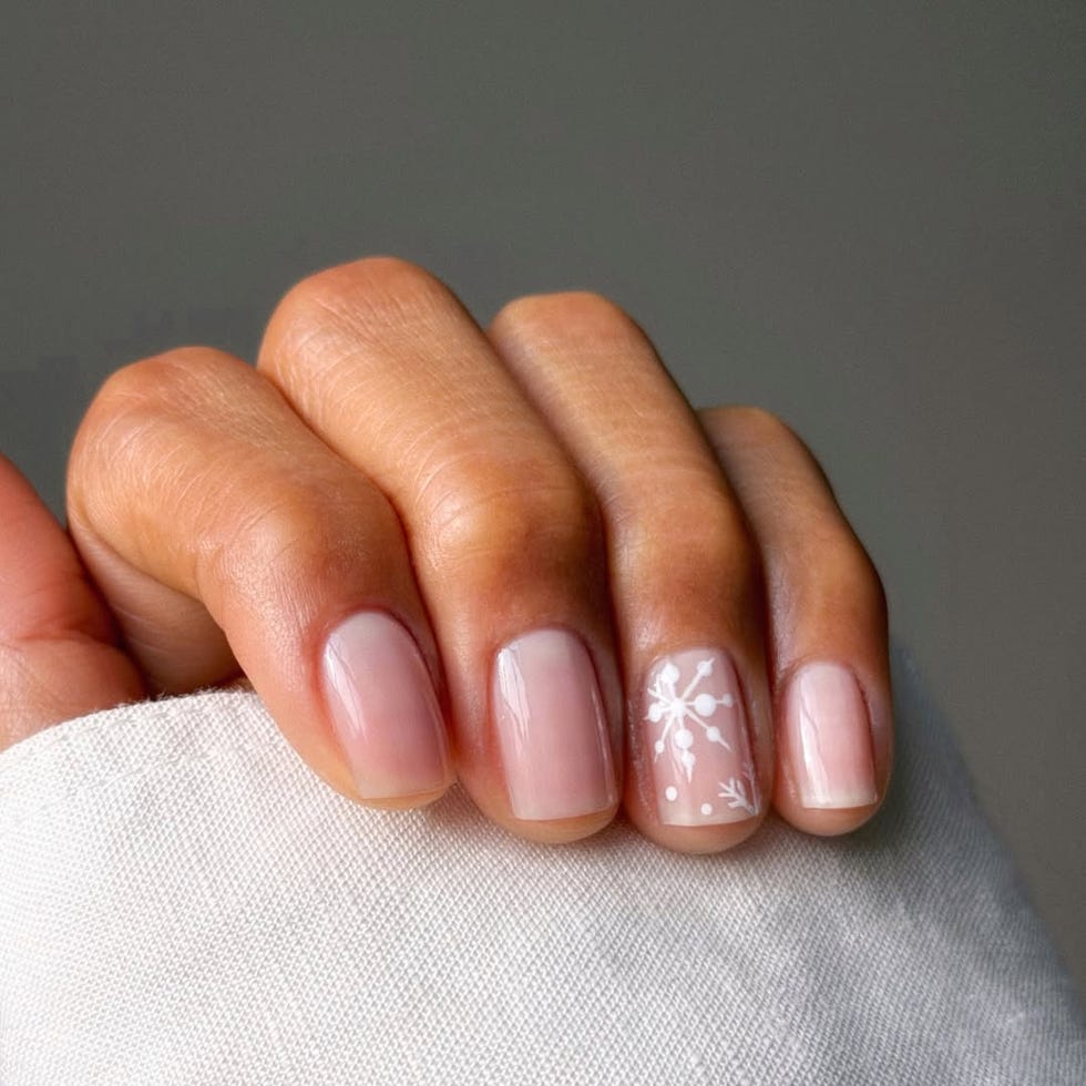 Milky Pink Snowflake Short Square Nails Milky Pink Snowflake Short Square Nails — Natural Winter Nails