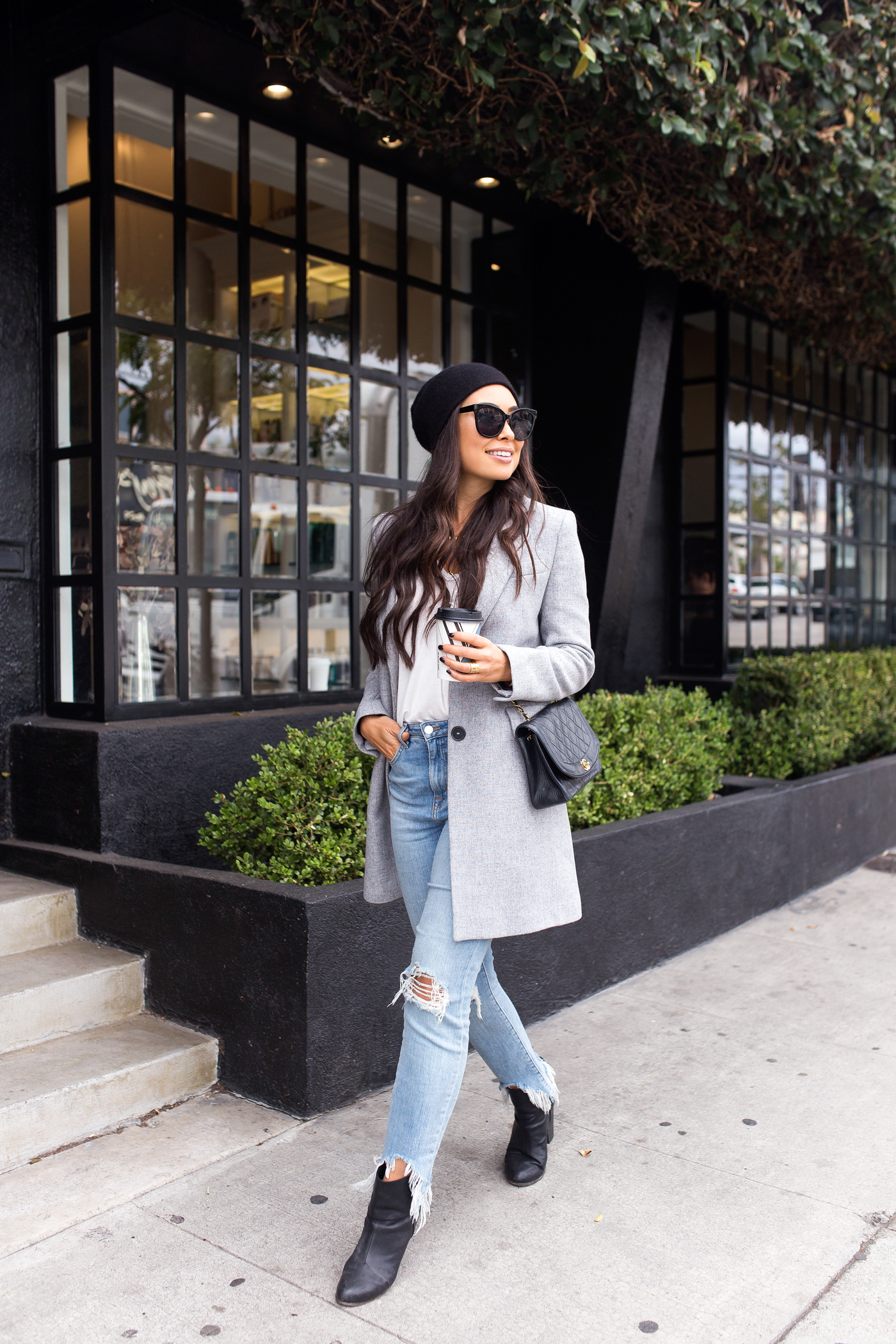 Black Knit Beanie with Grey Blazer and Ripped Jeans — Beanie Outfits