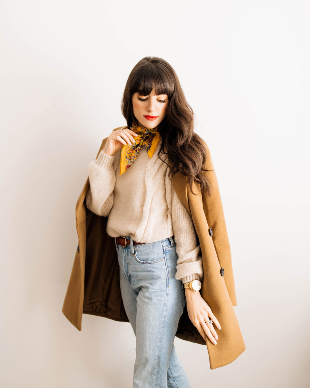Vibrant Silk Scarf as a Neck Accessory with Camel Coat and Jeans — Scarf Outfits