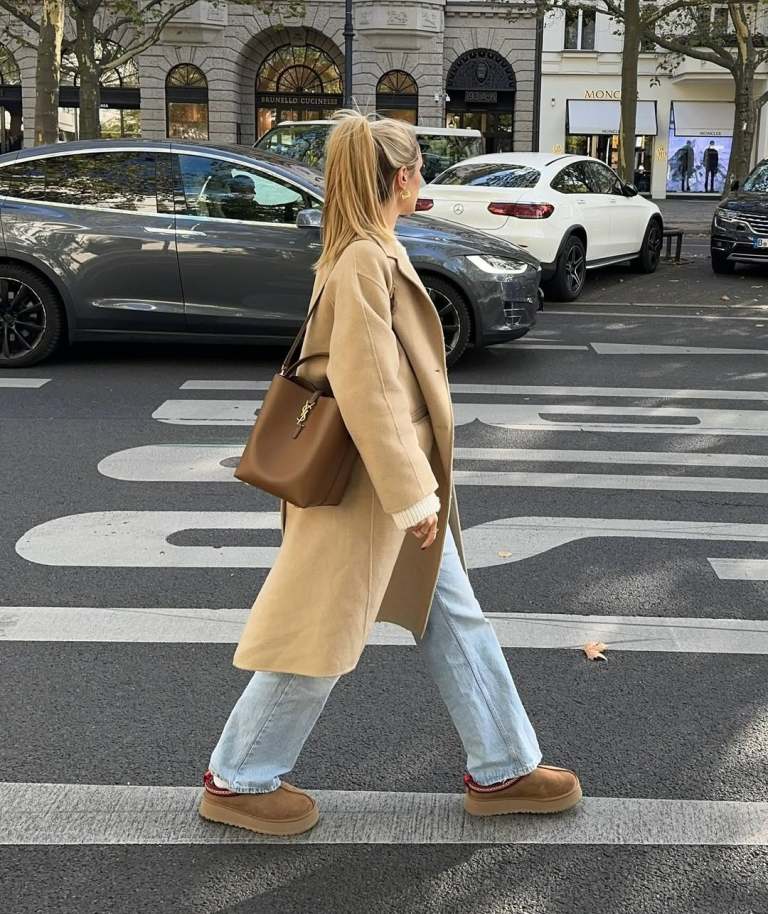 Trench Coat and Cream Sweater with Platform Uggs — Ugg Slippers Outfits