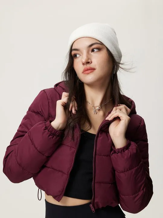 Cropped Burgundy Puffer Jacket with Hood for a Modern Winter Look — Winter Jackets for Women