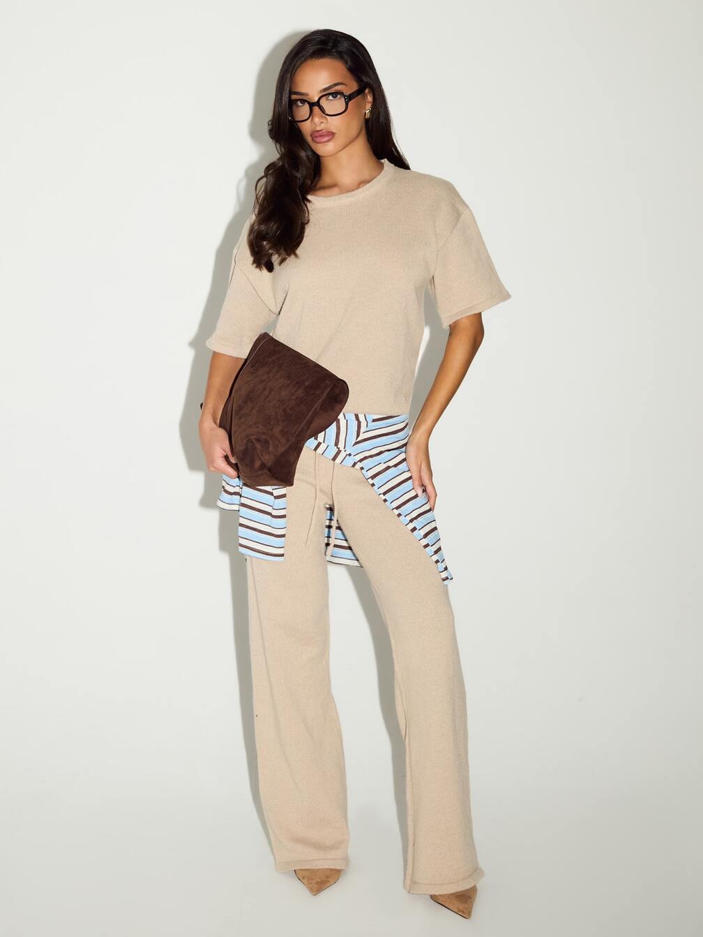 Relaxed Comfort: Beige Knit Set with Striped Accent — Winter Brunch Outfits